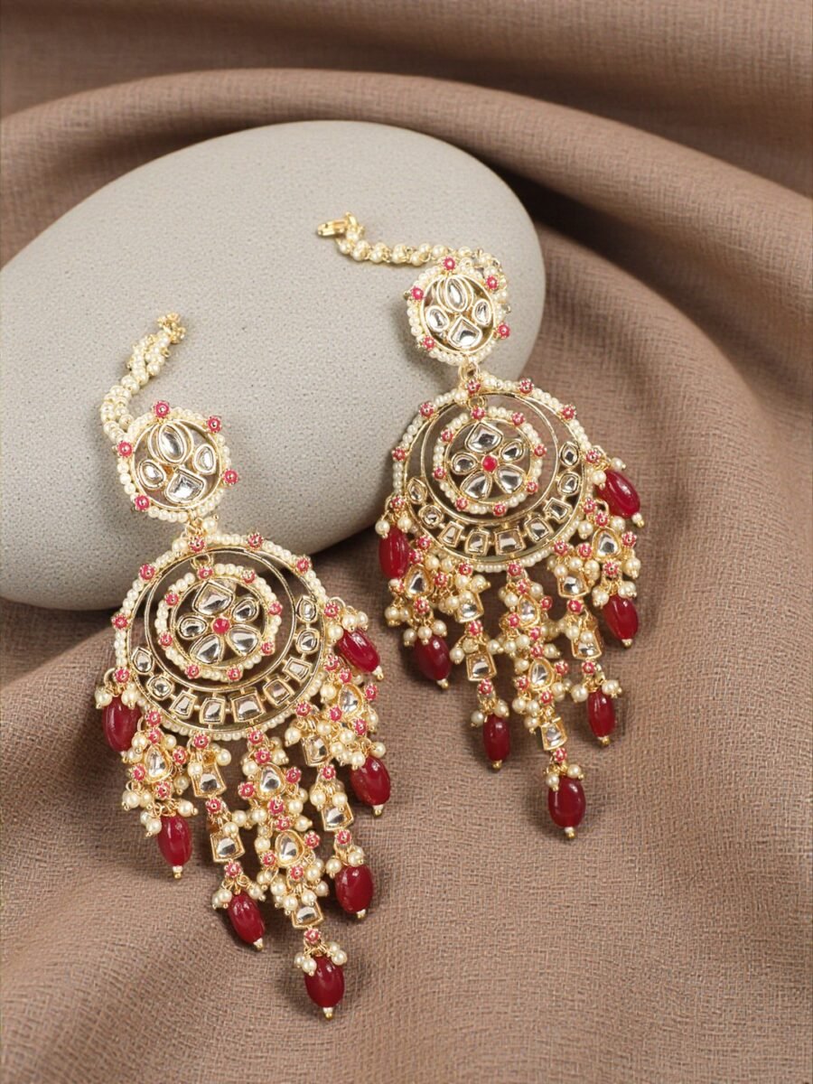 Anikas Creation Gold Plated Kundan and Pearl Traditional Earring With Ear chain