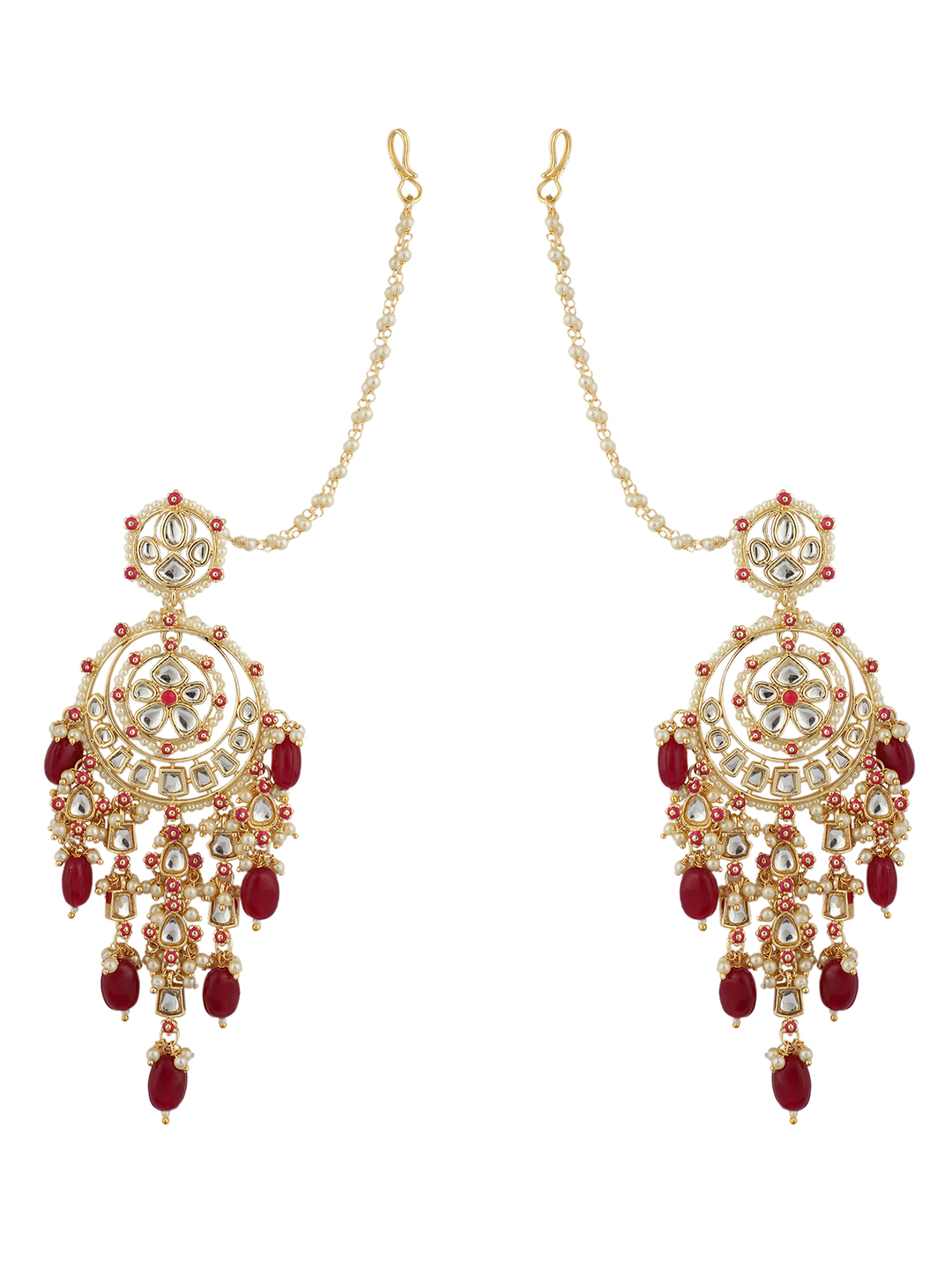 Anikas Creation Gold Plated Kundan and Pearl Traditional Earring With Ear chain - Image 3
