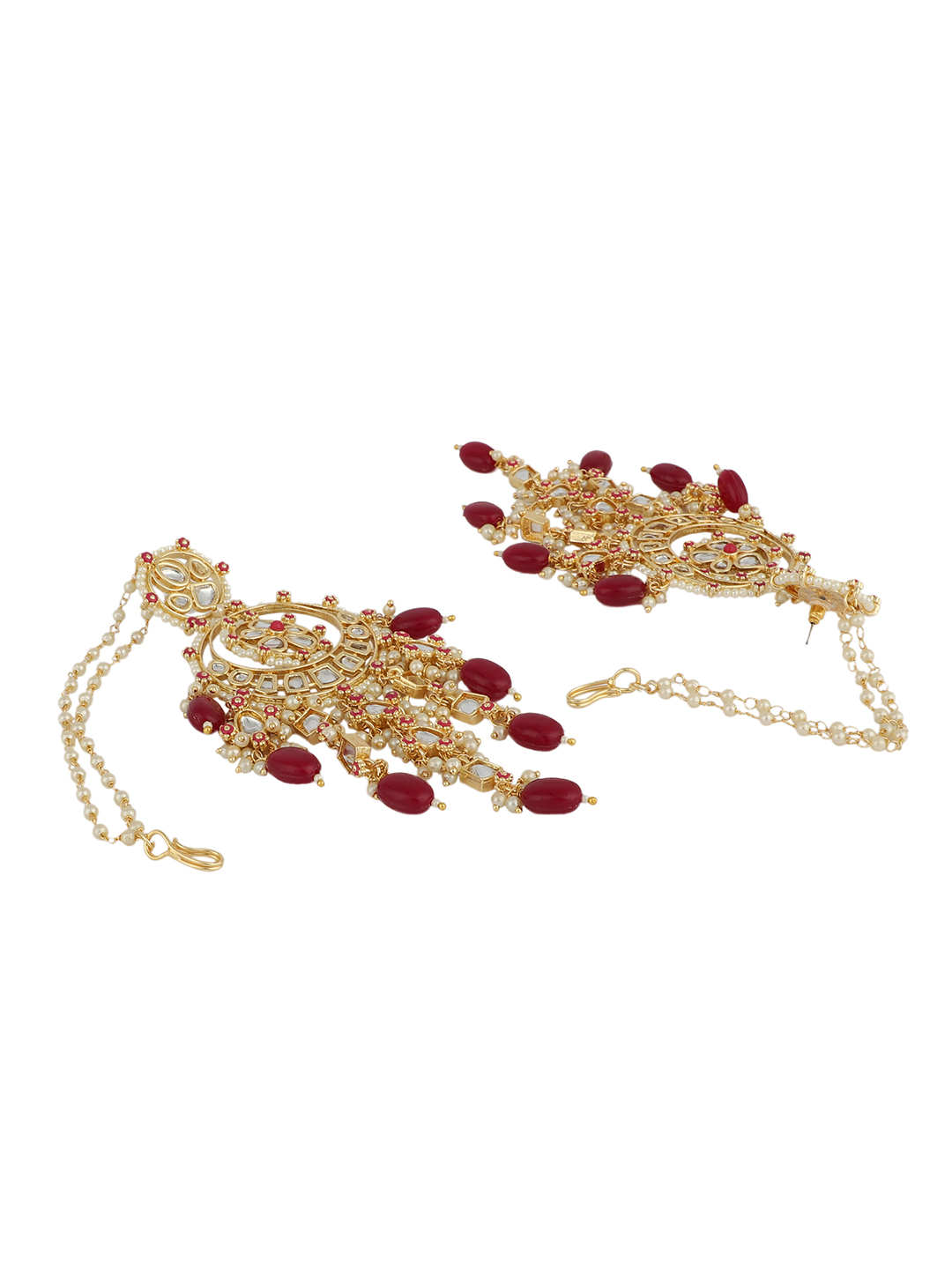 Anikas Creation Gold Plated Kundan and Pearl Traditional Earring With Ear chain - Image 2