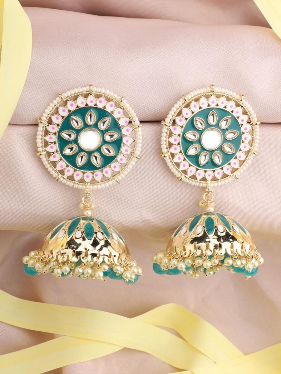 Ethnic Look Gold Tone Meenakari Green Floral Jhumka Earring
