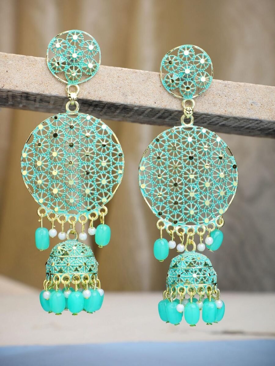 Gold Plated Traditional Look Sea Green Chandbali Jhumka