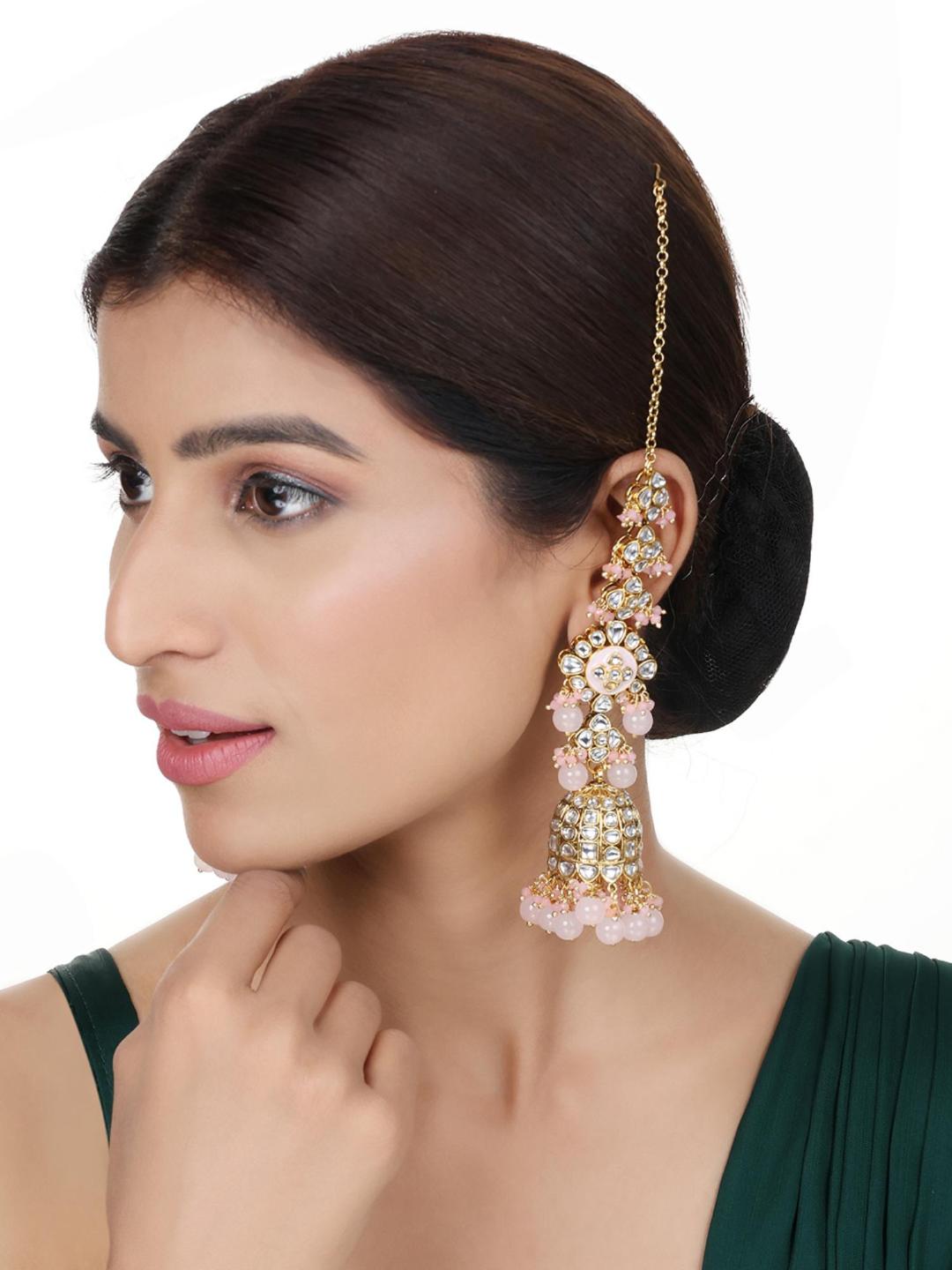 Peach Color Brass Ethnic Earring Timeless Adornments Brass Ethnic Earring With Pearl and Kundan - Image 2