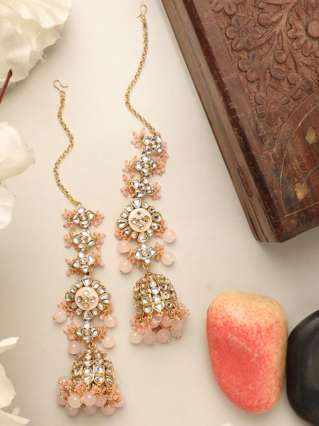 Peach Color Brass Ethnic Earring Timeless Adornments Brass Ethnic Earring With Pearl and Kundan