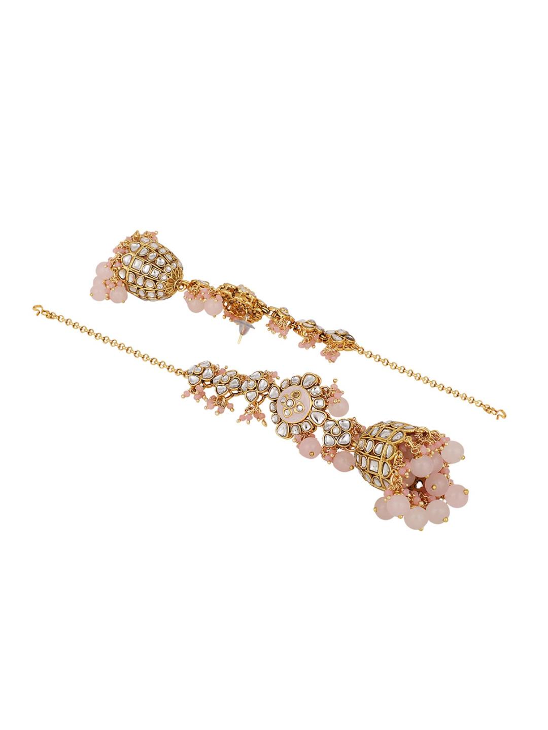 Peach Color Brass Ethnic Earring Timeless Adornments Brass Ethnic Earring With Pearl and Kundan - Image 3