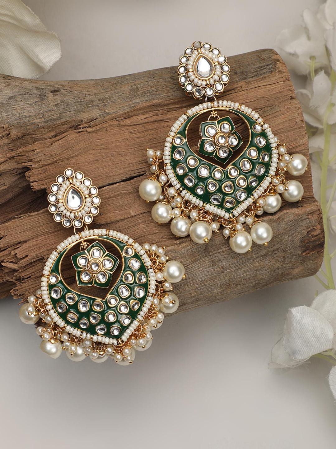 Traditional Gold Plated Radiant in Green Brass Ethnic Earring With Pearl and Kundan