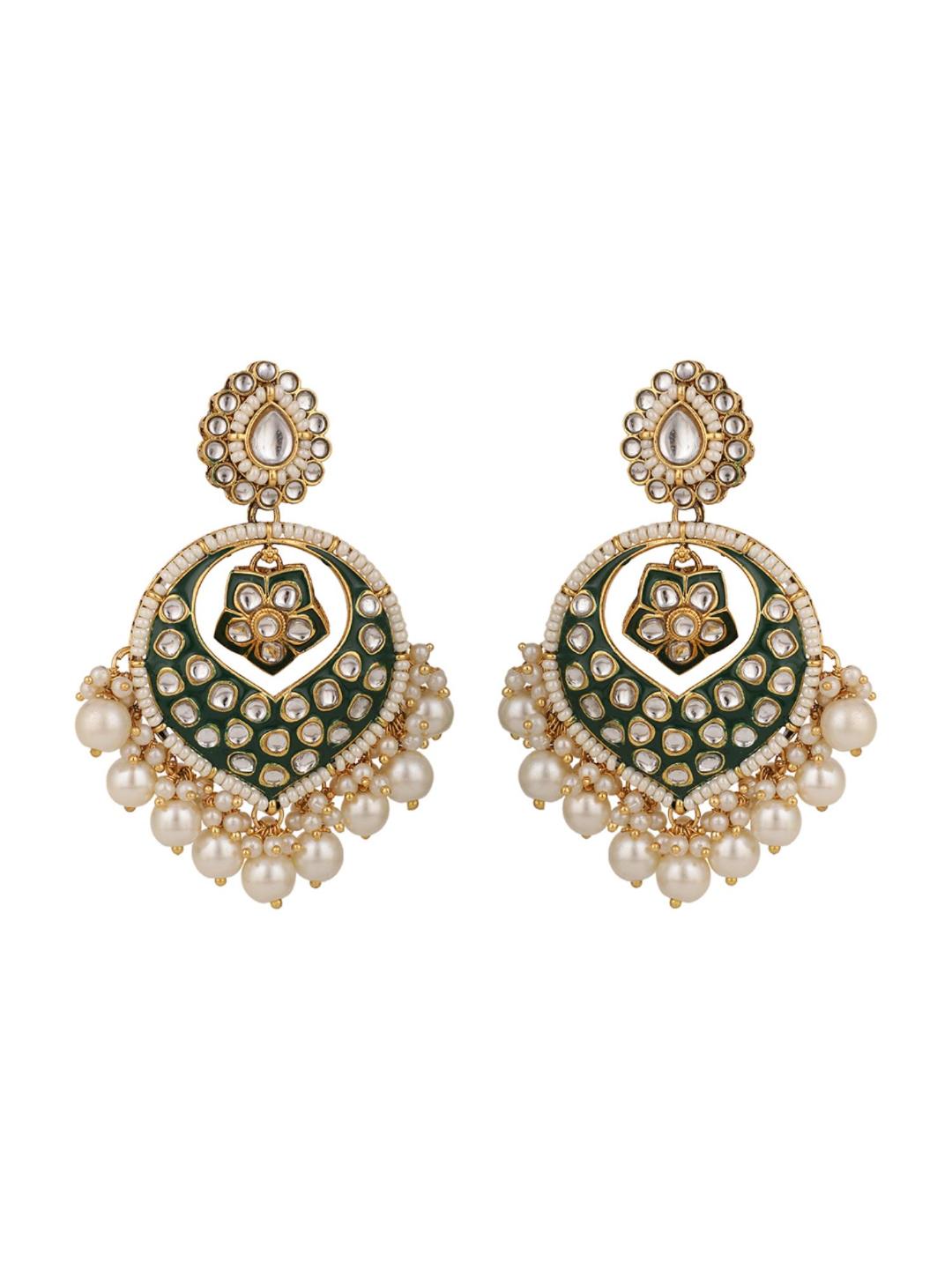 Traditional Gold Plated Radiant in Green Brass Ethnic Earring With Pearl and Kundan - Image 3