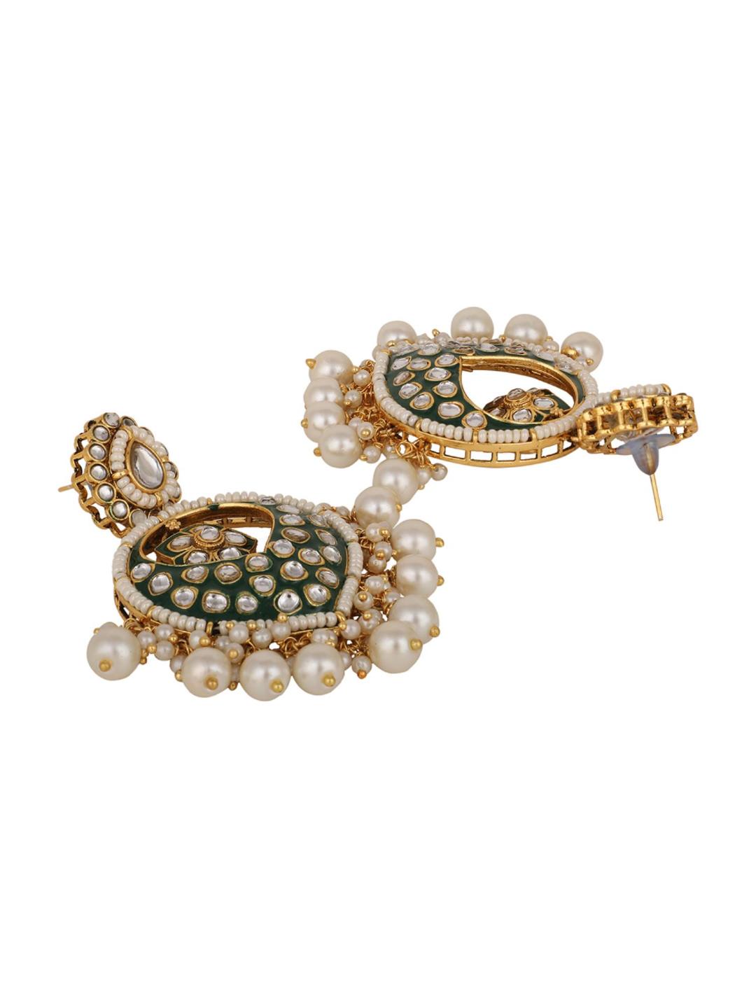 Traditional Gold Plated Radiant in Green Brass Ethnic Earring With Pearl and Kundan - Image 2