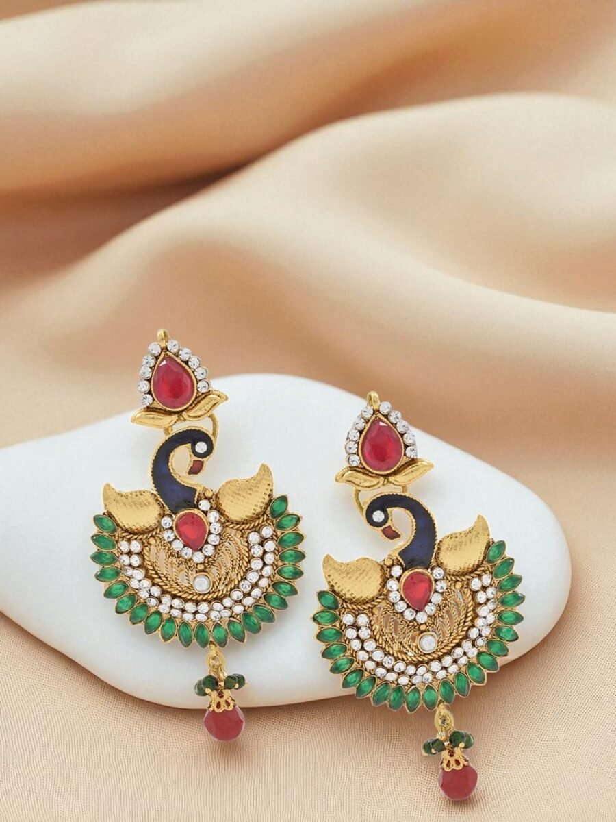 multi-color cubic zircornia studded and Gold plated Enamelled peacock drop earring