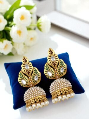 Gold toned pearl studded multi color drop jhumka earring