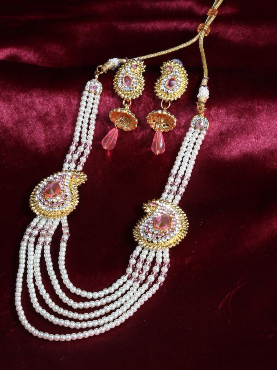 Multi Strand Pearl Strings Gold Plated two Side Broch Long Necklace