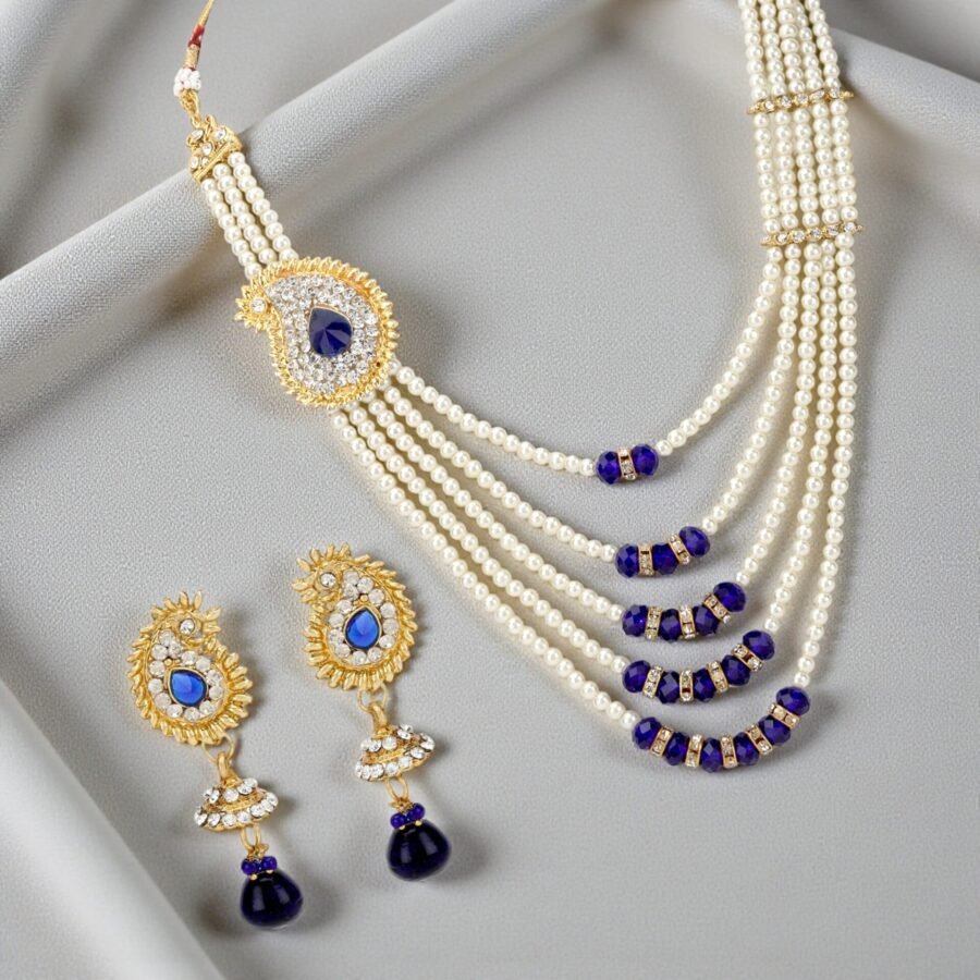 Multi Strand Pearl Strings Gold Plated Side Broch Long Necklace