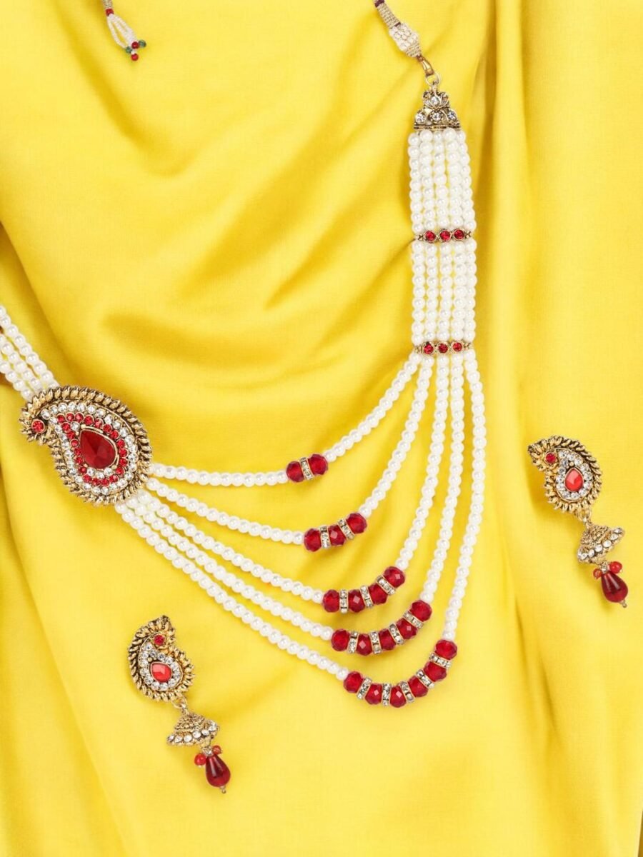 Multi Strand Pearl Strings Gold Plated Side Broch Long Necklace