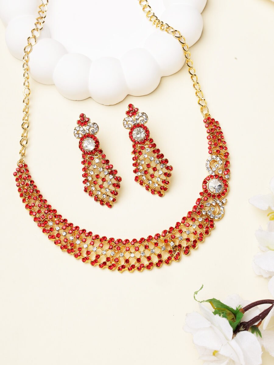 Red floral cubic zircornia gold plated sleek jewellery set