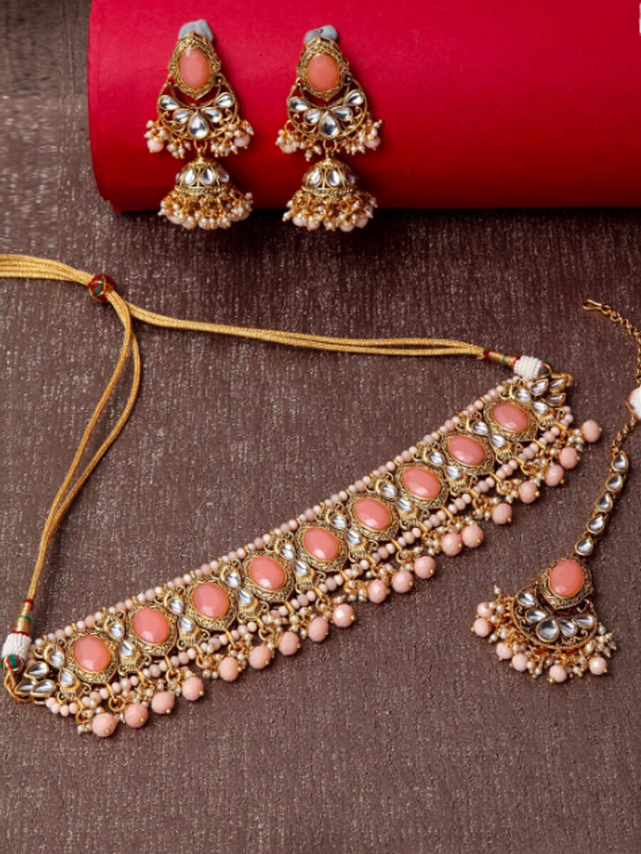 Tradtional Gold Plated Kundan Pink Choker Necklace