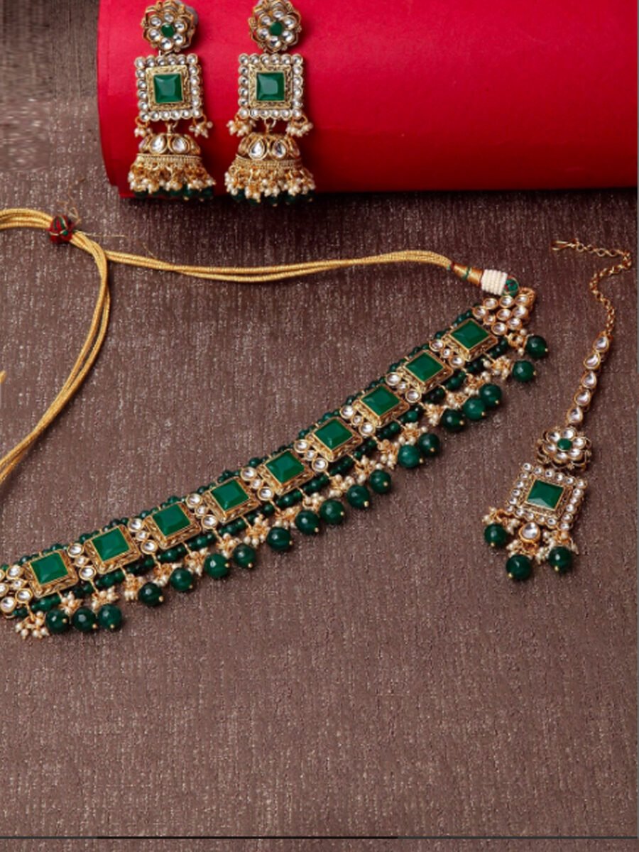 Gold Plated Kundan Green Choker Bridal Necklace