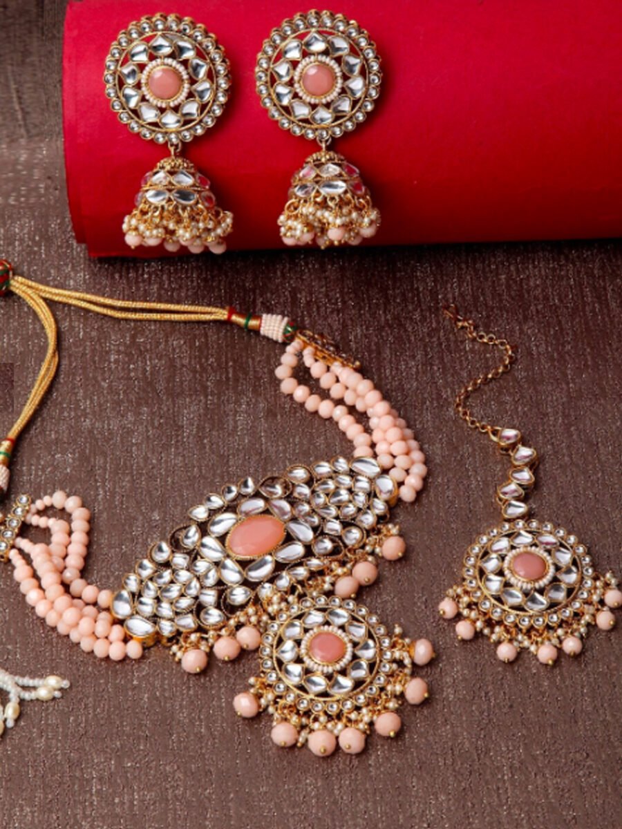 Tradtional Gold Plated Kundan Pink Choker Necklace