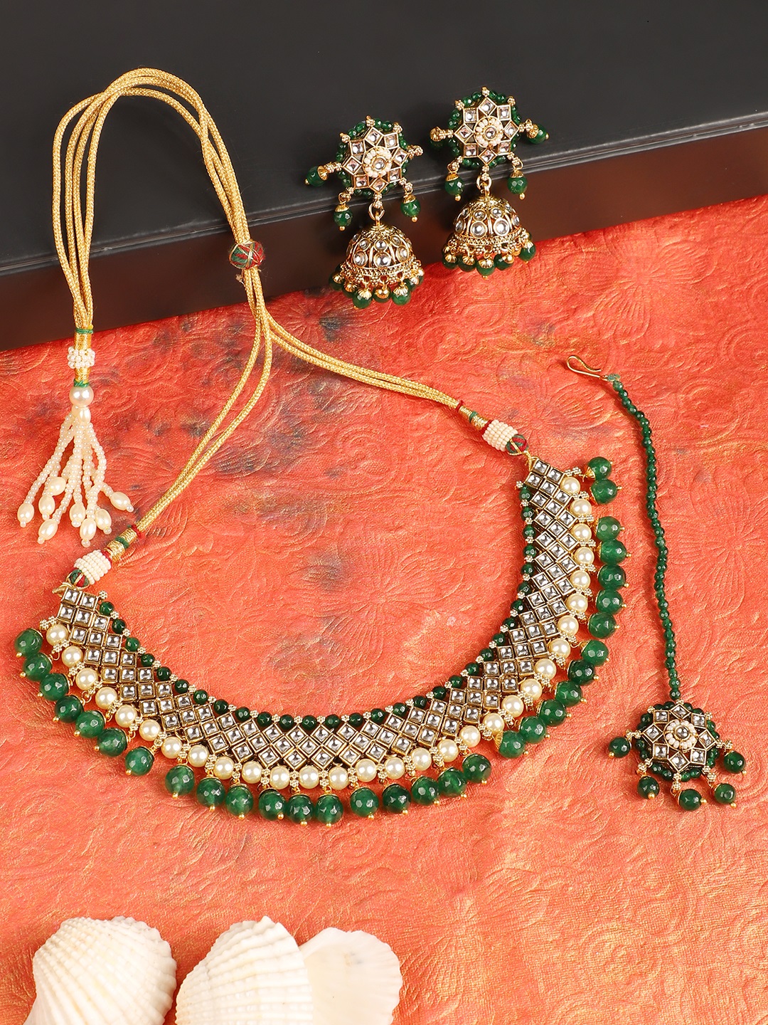 Traditional Green Stone and Beads Choker Necklace with Earring and mangtika