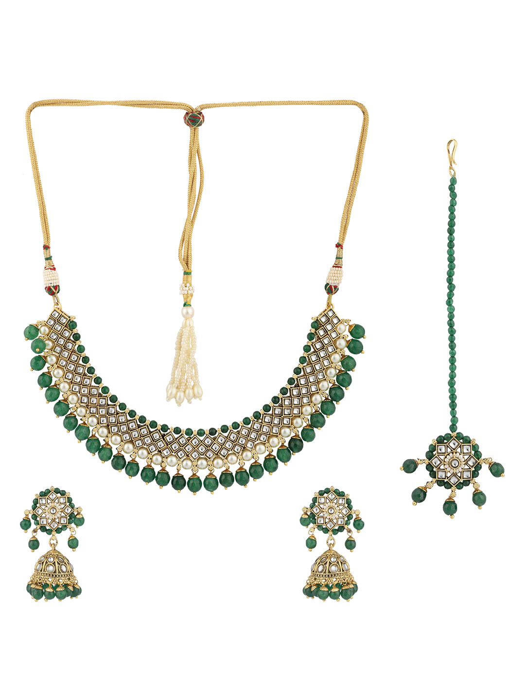 Traditional Green Stone and Beads Choker Necklace with Earring and mangtika - Image 5