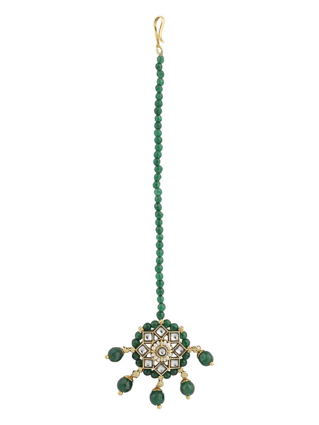 Traditional Green Stone and Beads Choker Necklace with Earring and mangtika - Image 2
