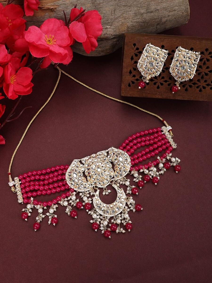 Magenta Beads String Kundan Stone Studded Choker Brass Necklace With Earring Maangtika