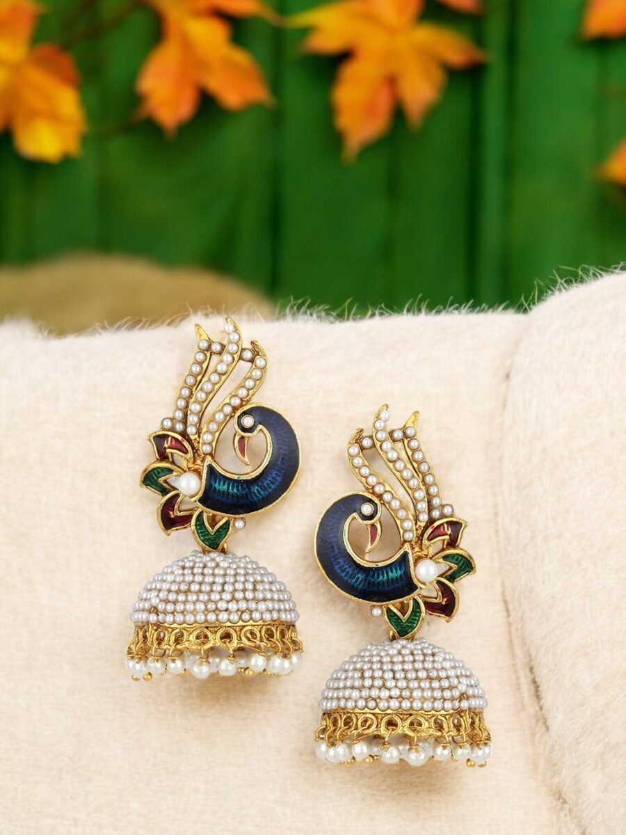 Gold toned pearl studded multi color drop jhumka earring