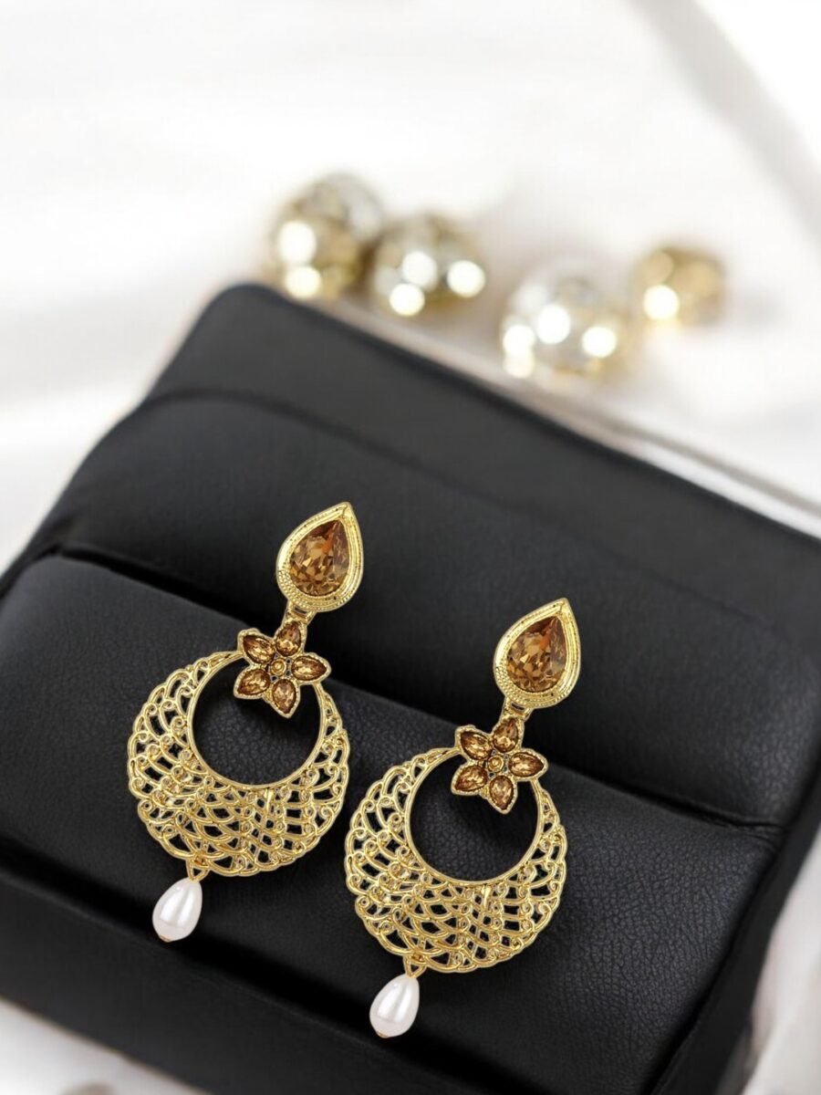Gold stones studded Gold plated Enamelled chandbaali earring with pearl drops