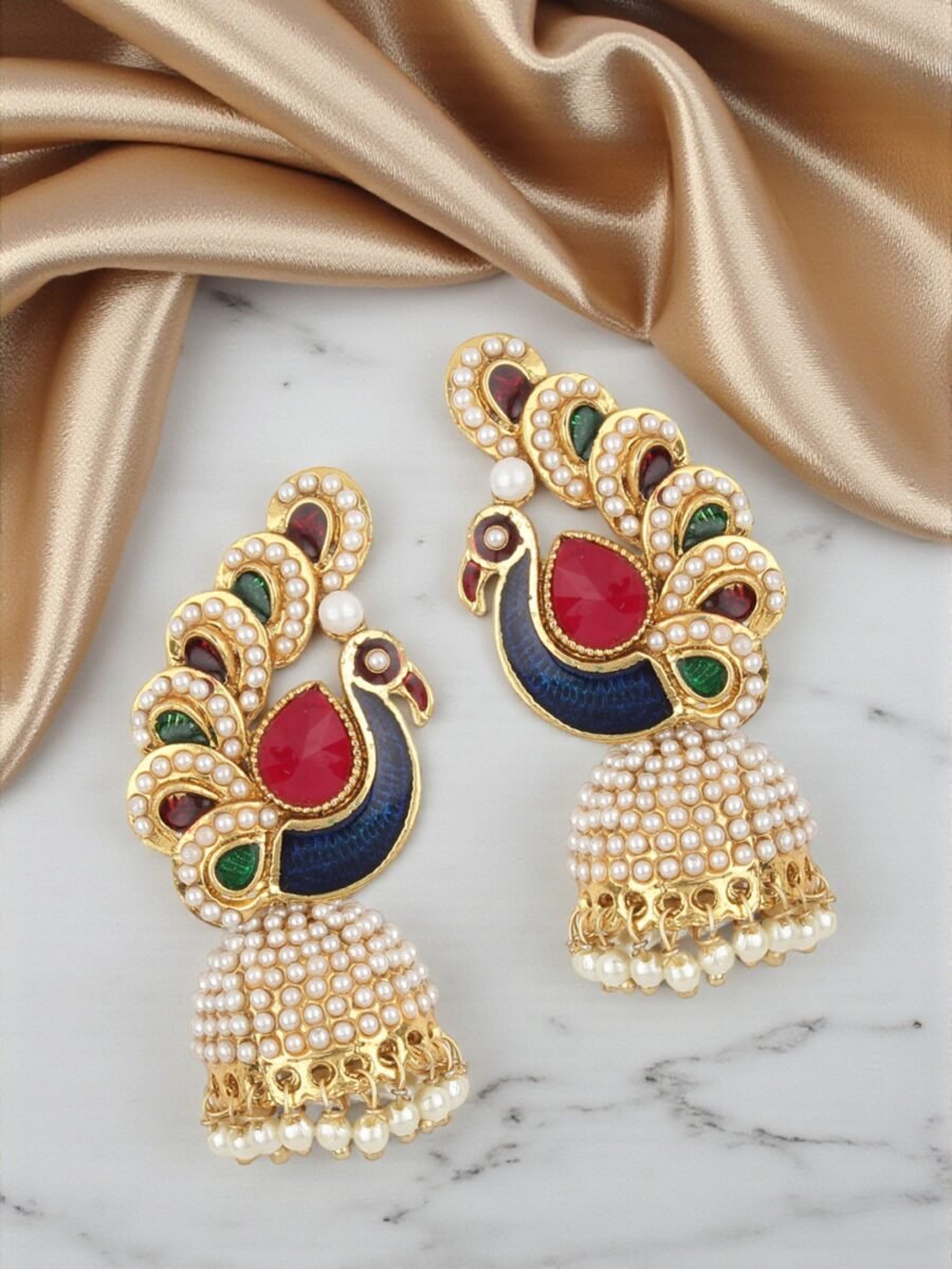 Enamelled pearl studded gold toned multicolor peacock drop jhumka earring