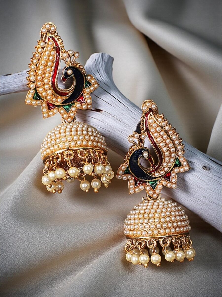 Off-White Peacock Meenakari Pearl Traditional Brass Jhumka