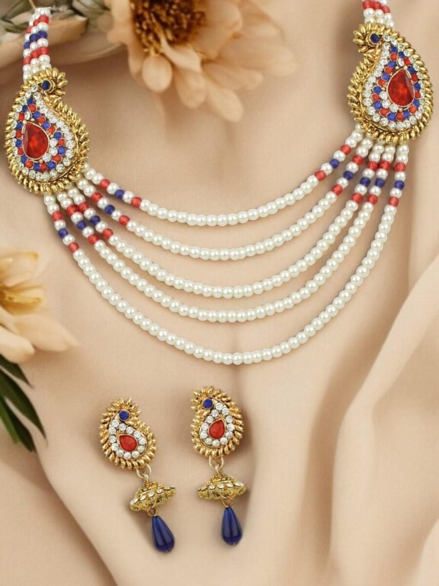 Multi Strand Pearl Strings Gold Plated two Side Broch Long Necklace