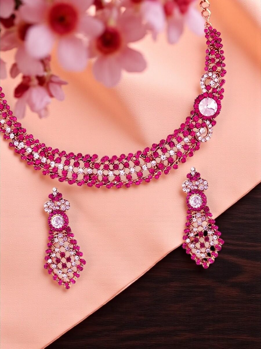 Designer Gold Plated Stone Studded Choker Necklace With Earrings