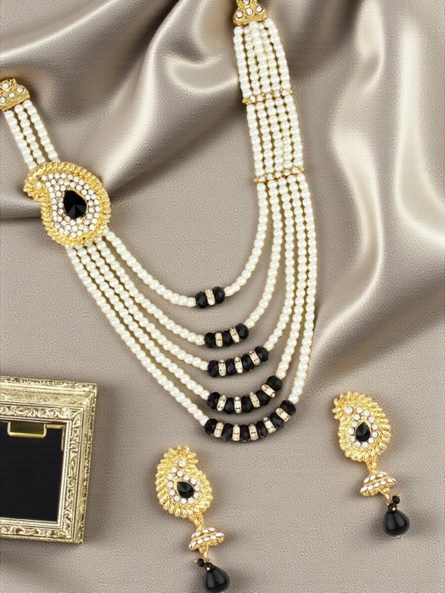 Multi Strand Pearl Strings Gold Plated Side Broch Long Necklace