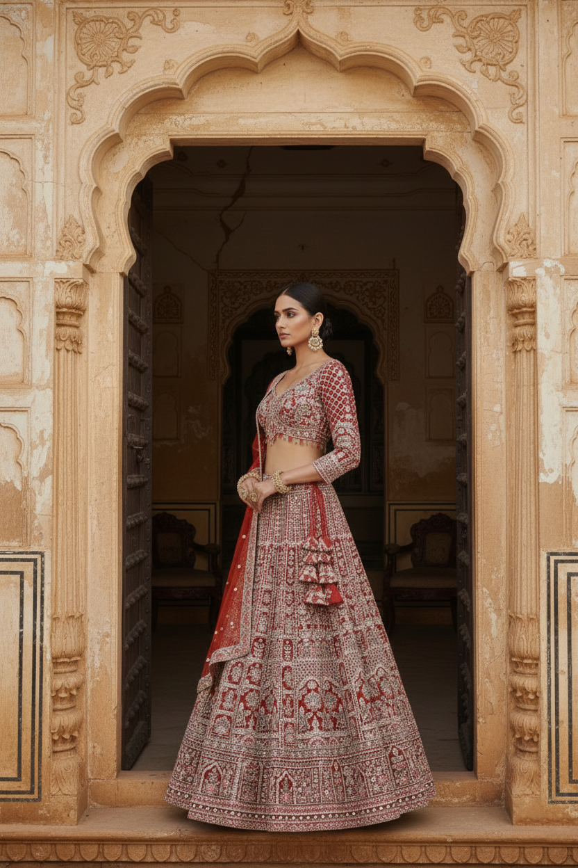 Crimson Darbar Hand-Embroidered Bridal Lehenga Set - Image 6