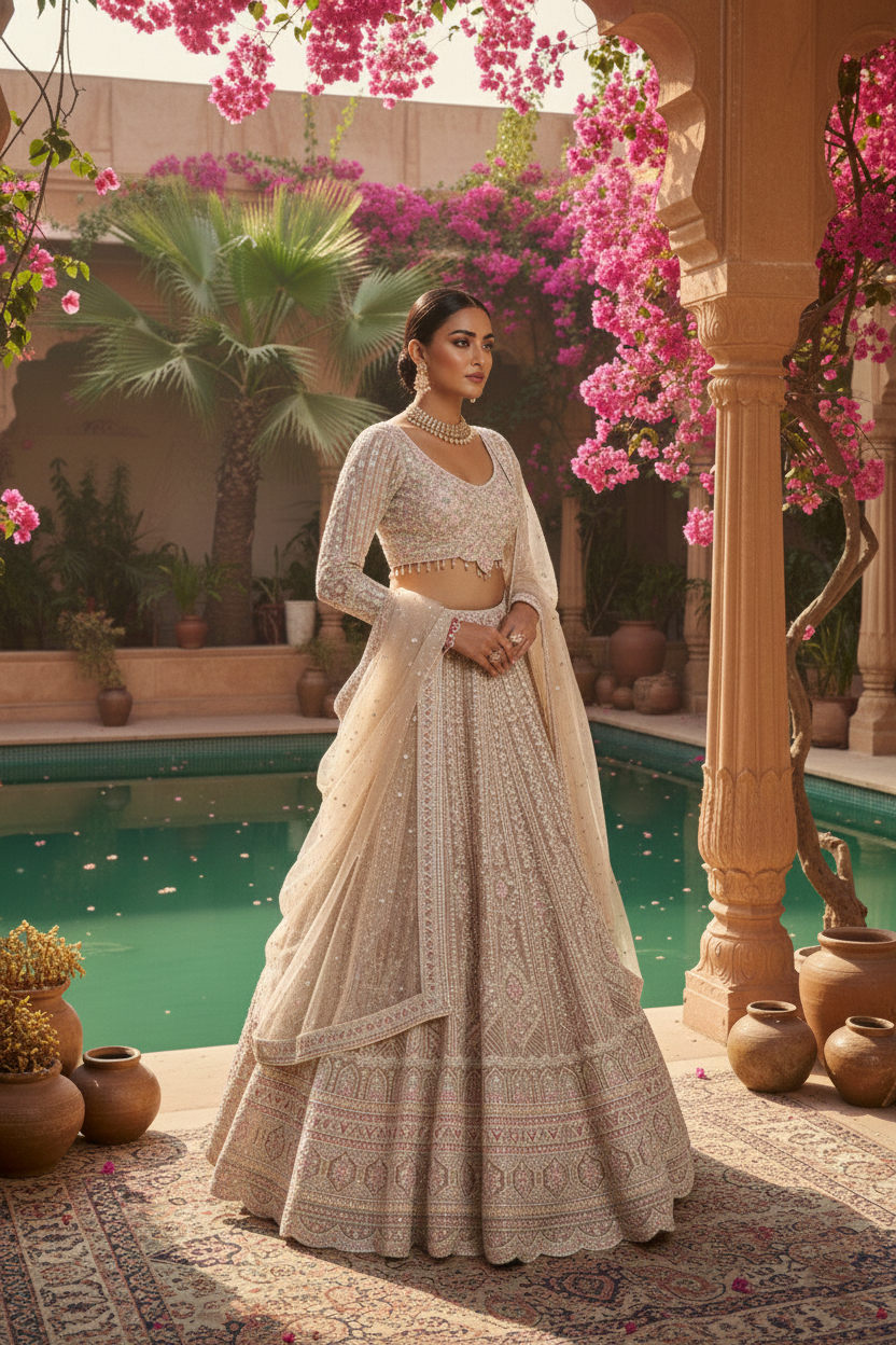 Ivory Blush Jaal Hand-Embroidered Bridal Lehenga Set - Image 5
