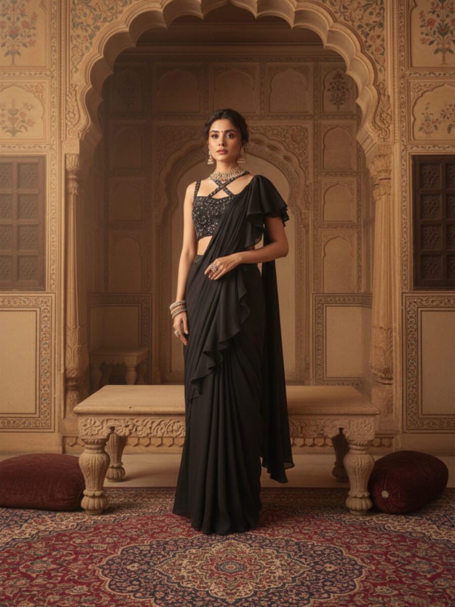 Elegant Grey Banarasi Silk Draped Saree