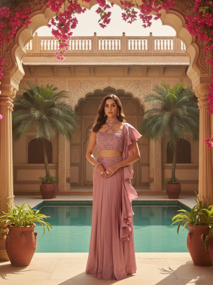 Elegant Dusty Pink Embellished Draped Saree