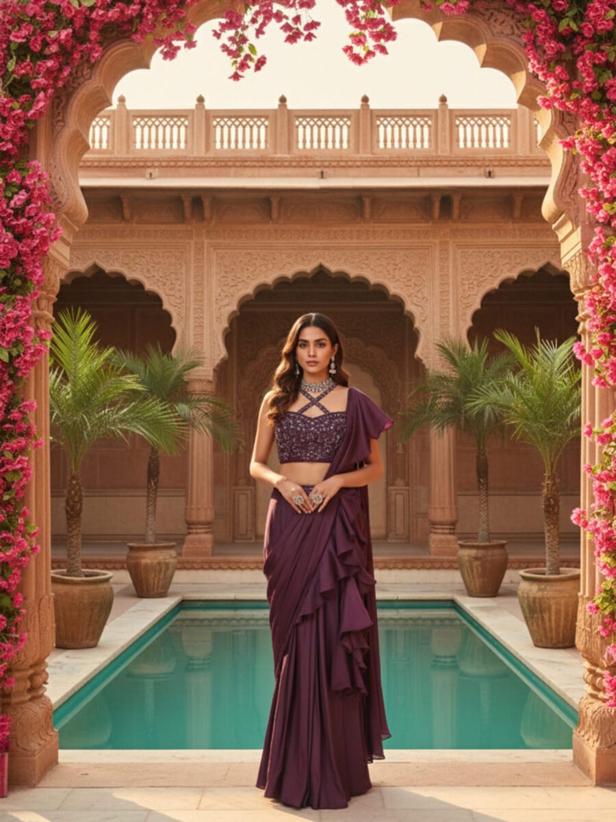 Elegant Wine Embellished Draped Saree
