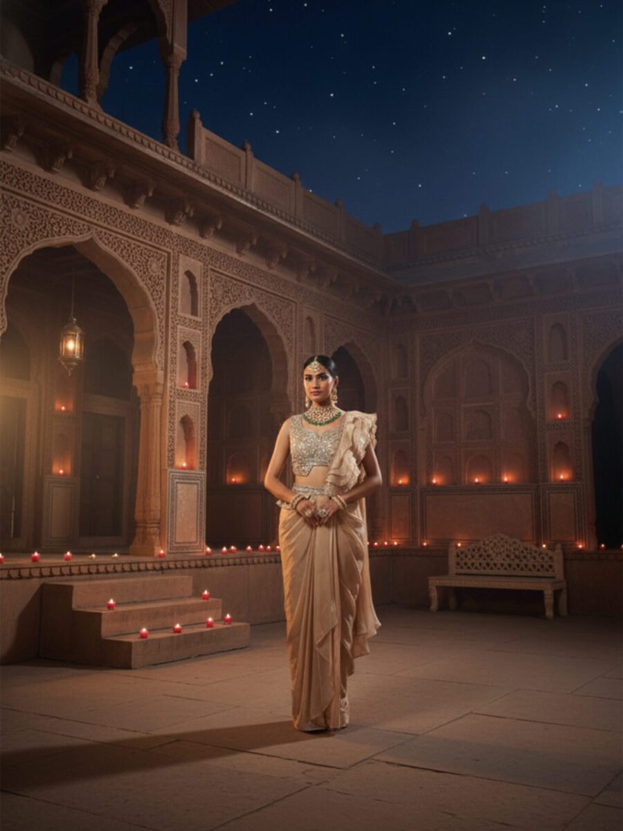 Ivory Gold Embellished Draped Saree