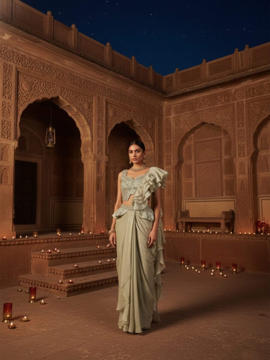 Ivory Pearl Ruffle Draped Saree