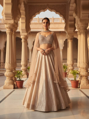 Royal Champagne Shimmer Lehenga Set with Sheer Cape