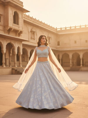 Ice Blue Embellished Lehenga Set with Sheer Cape Dupatta