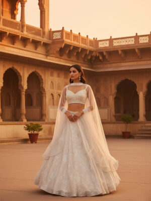Ivory Embellished Lehenga Set with Sheer Cape Dupatta