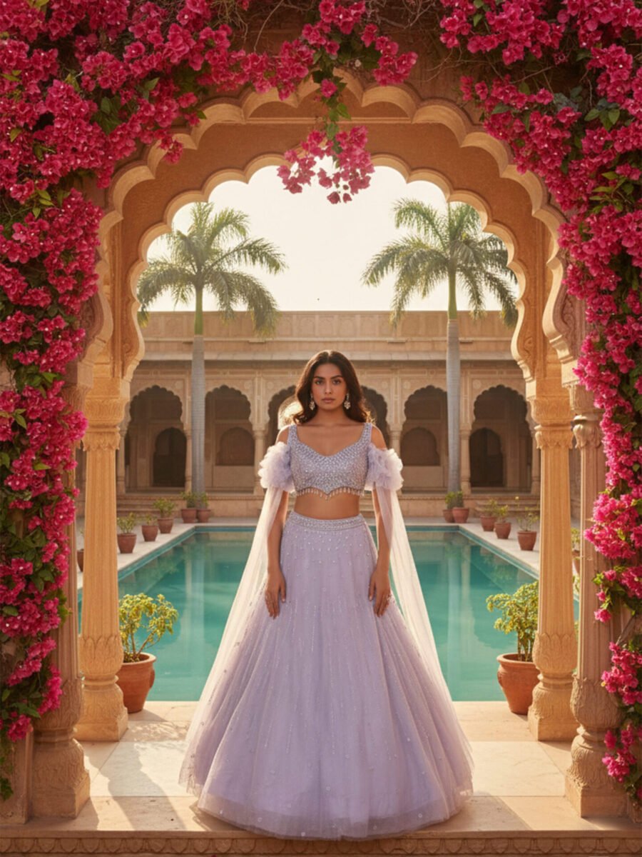 Lavender Pearl-Embellished Lehenga Set with Sheer Cape Sleeves