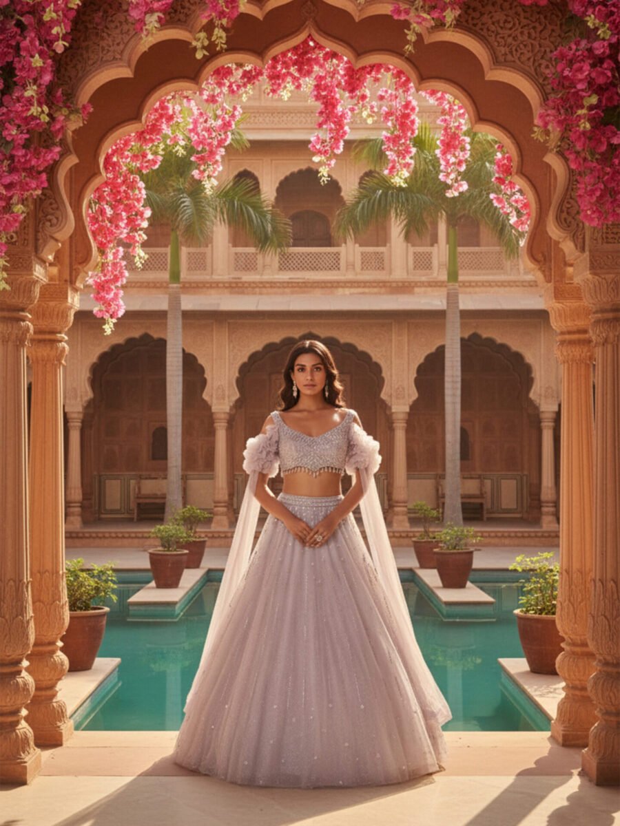 Ivory Mist Pearl-Embellished Lehenga Set with Sheer Cape Sleeves