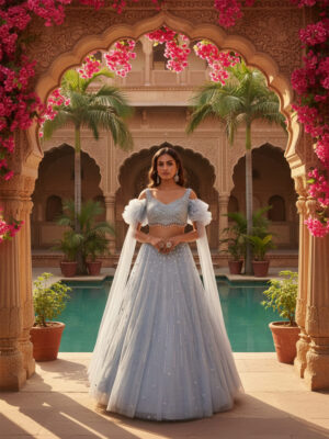 Powder Blue Pearl-Embellished Lehenga Set with Sheer Cape Sleeves