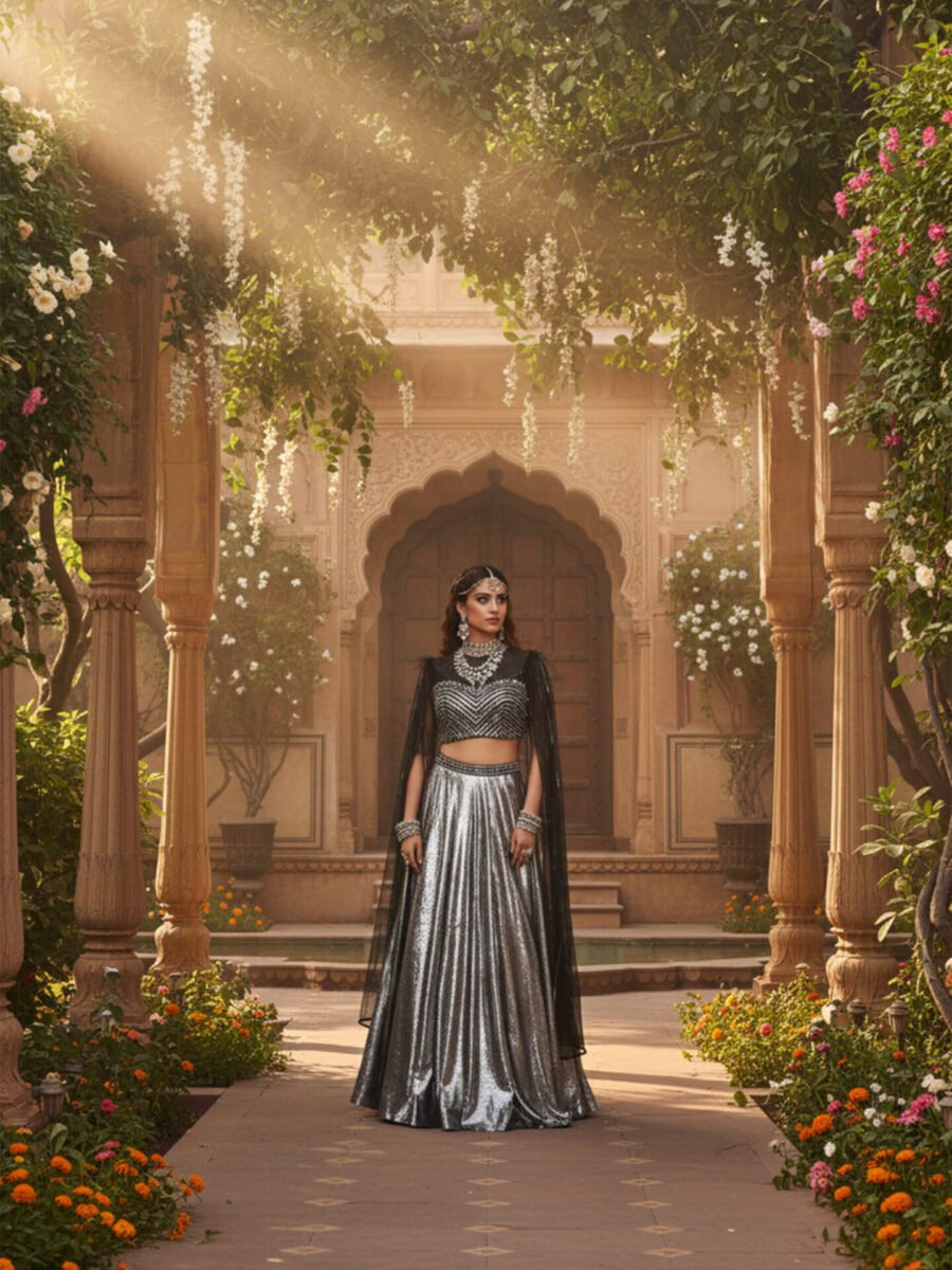 Midnight Black & Silver Chevron Embellished Lehenga Set with Sheer Cape