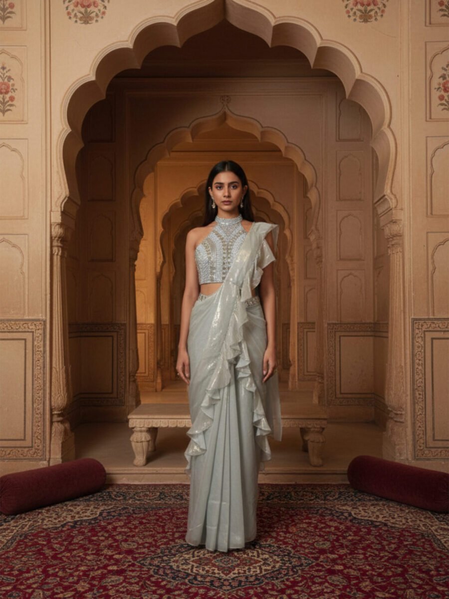 Ivory Silver Ruffle Draped Saree with Embellished Halter Blouse