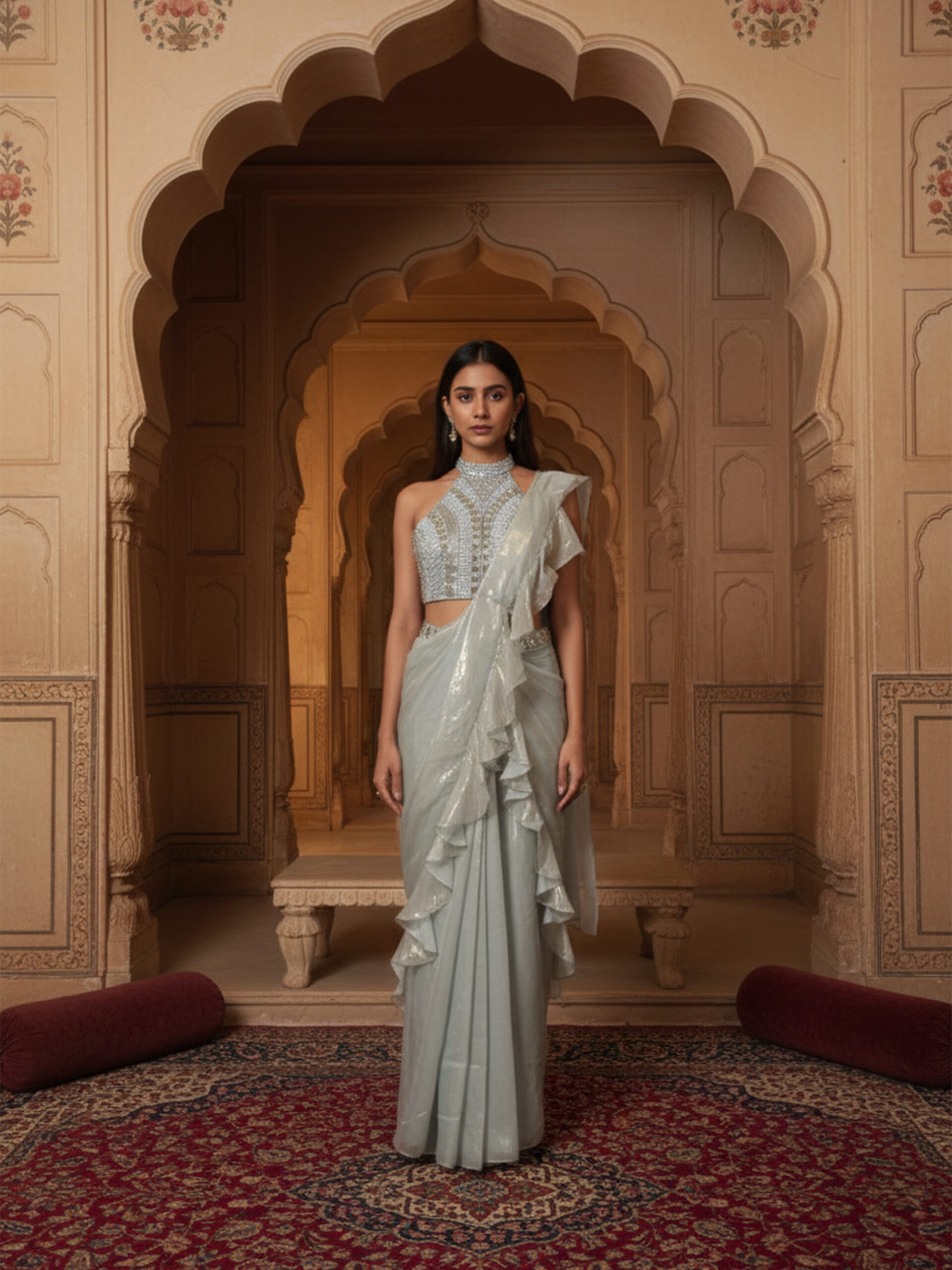 Ivory Silver Ruffle Draped Saree with Embellished Halter Blouse