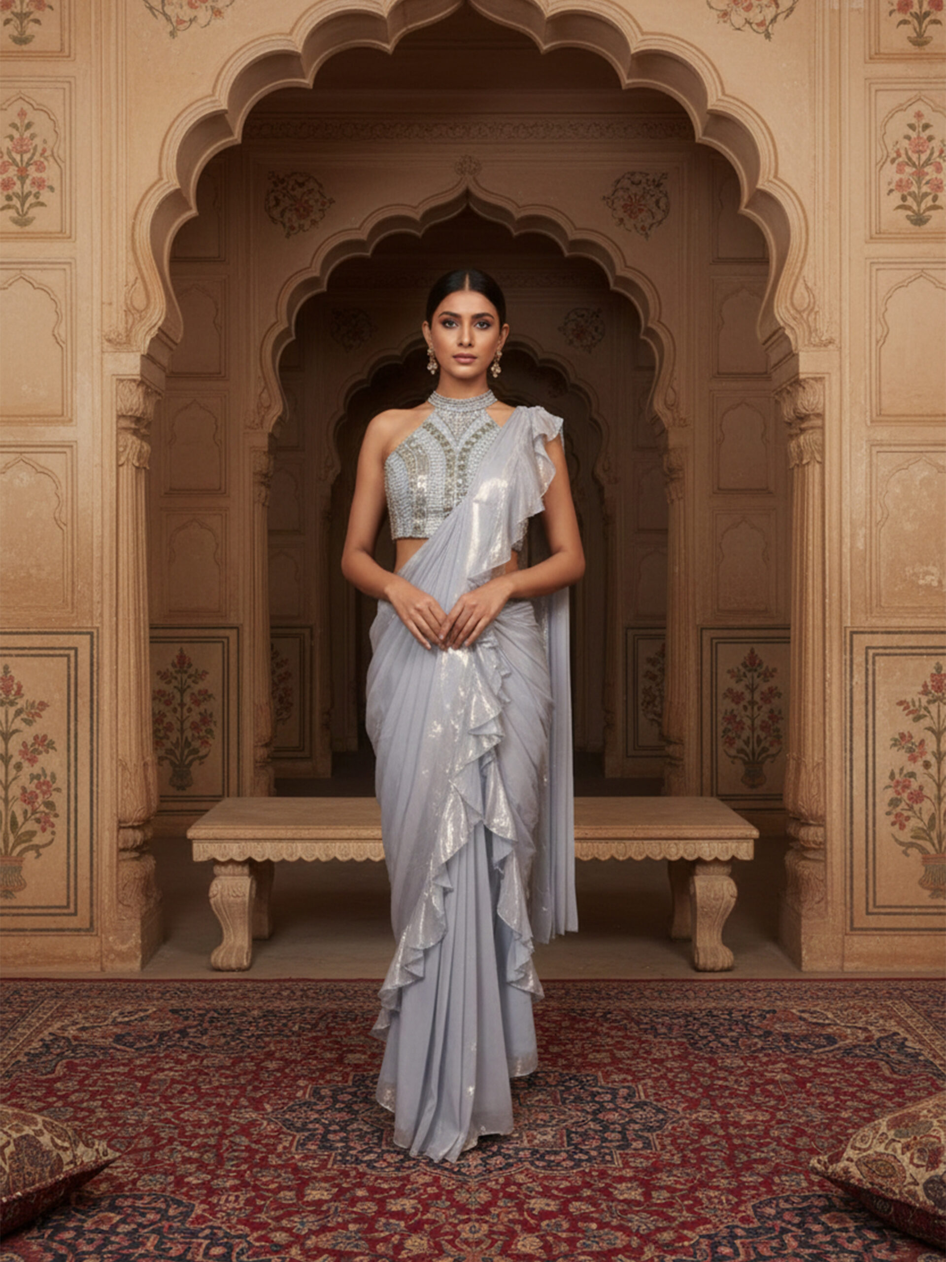 Moonlight Silver Ruffle Draped Saree with Embellished Halter Blouse