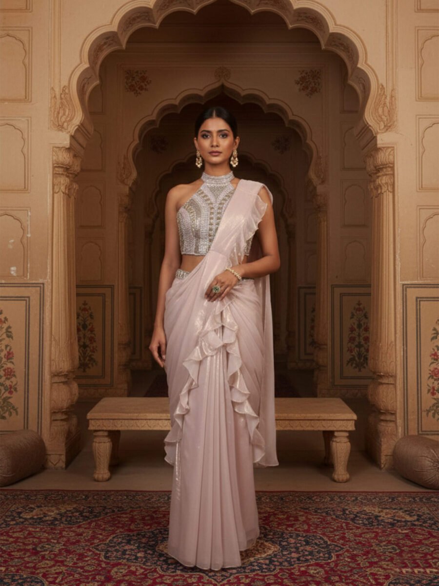 Blush Pearl Ruffle Draped Saree with Embellished Halter Blouse