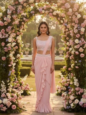 Blush Pink Ruffle Pre-Draped Saree with Embellished Crop Blouse